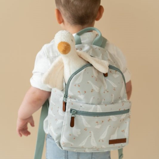 Little Dutch is a family run business creating beautifully designed, high quality, and purse friendly baby and toddler products. Image features the Little Goose backpack and matching goose teddy, available at Mabel & Fox.