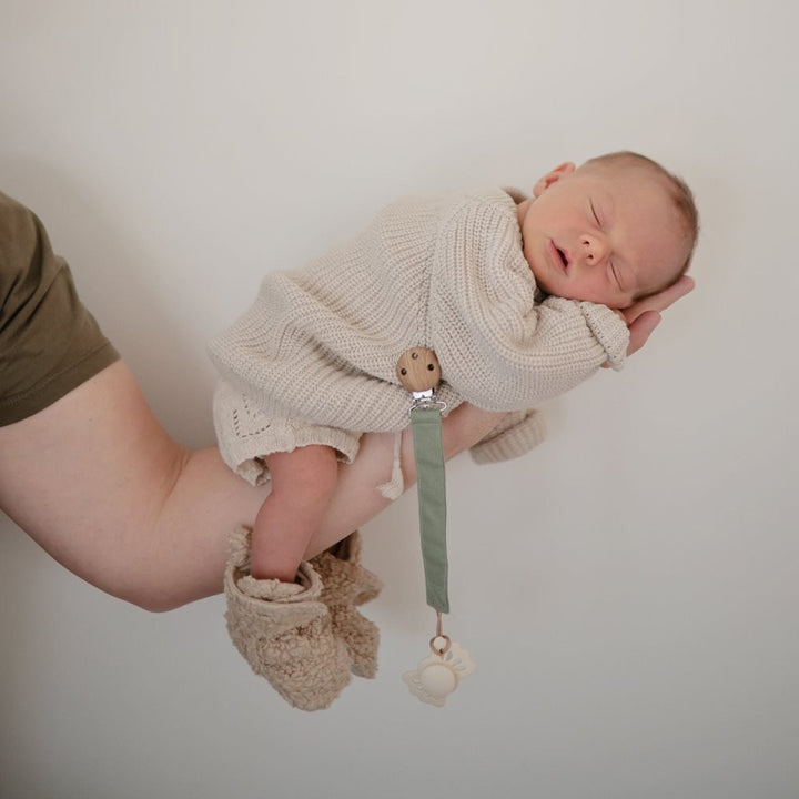 Mushie - Linen Pacifier Clip - 2 Pack - Olive / Shifting Sand - Mabel & Fox