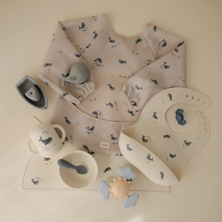 Mushie - Long Sleeve Bib - Whales - Mabel & Fox