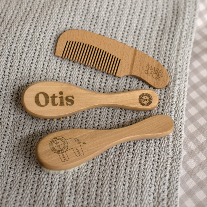 Mabel & Fox - Personalised Wooden Brush Set - Safari - Lion - Mabel & Fox