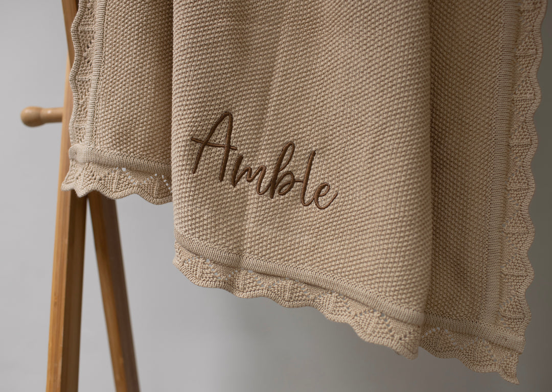 Mabel & Fox - Personalised Knitted Baby Blanket - Caramel