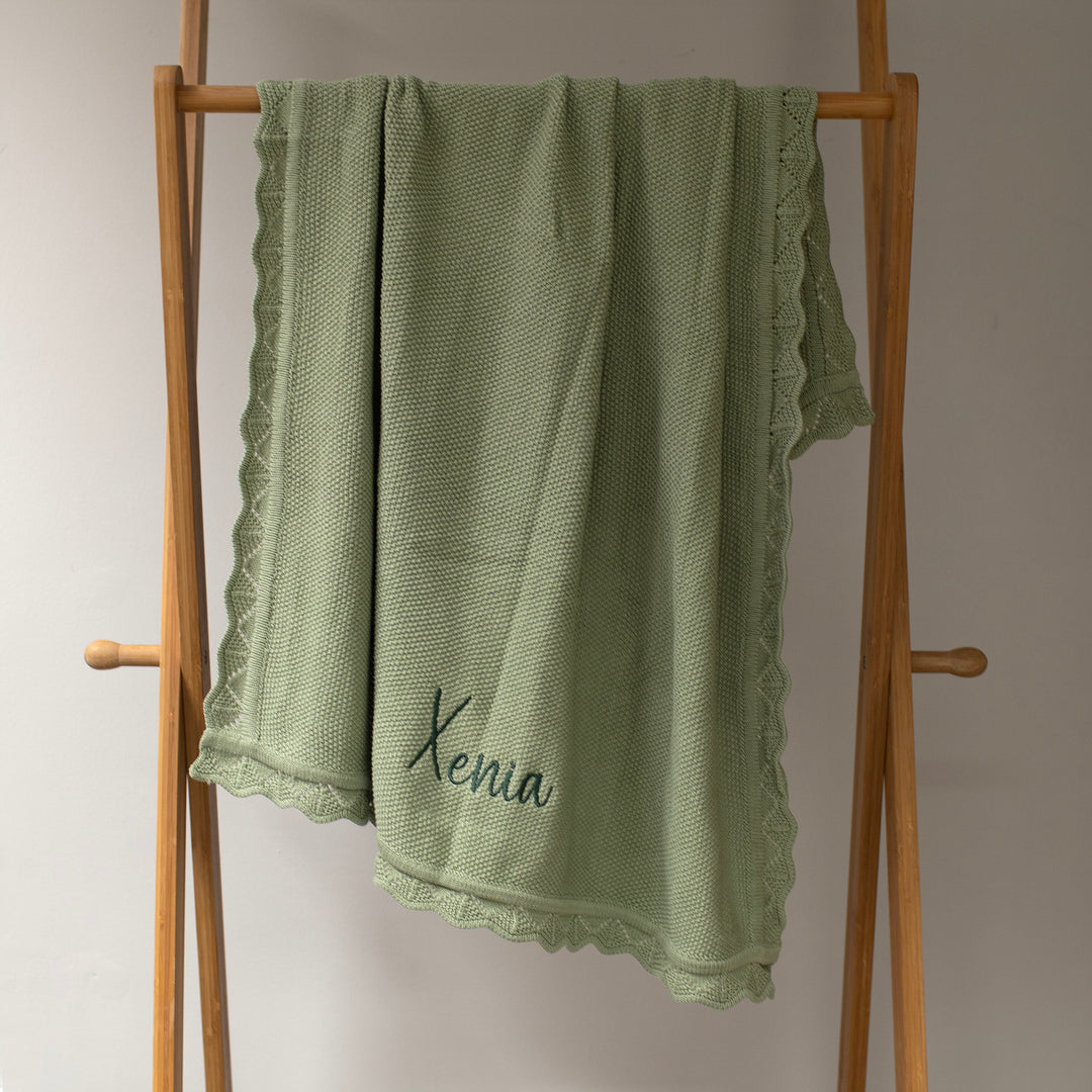Mabel & Fox - Personalised Knitted Baby Blanket - Sage Green