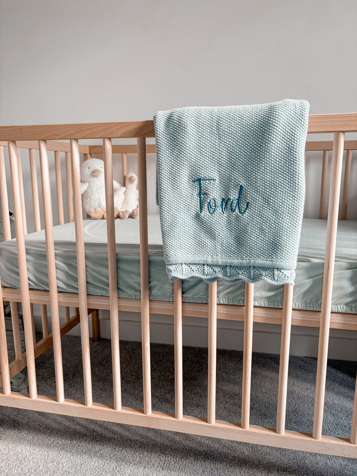 Mabel & Fox - Personalised Knitted Baby Blanket - Sky Blue