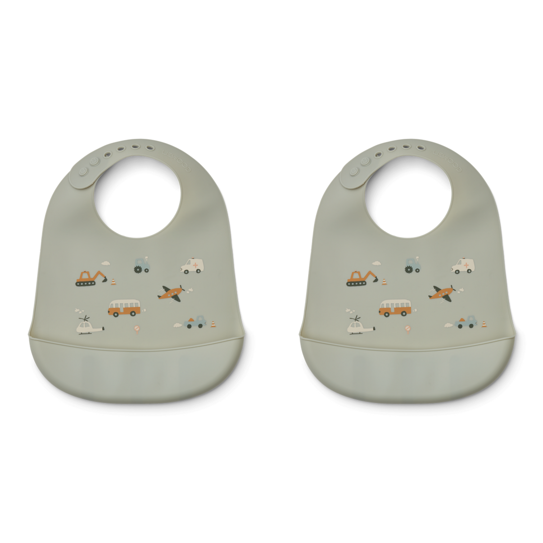 Liewood - Tilda Silicone Bib - Vehicles / Dove Blue Mix (2 Pack) - Mabel & Fox