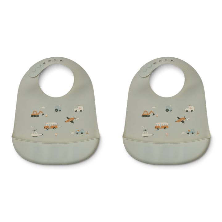 Liewood - Tilda Silicone Bib - Vehicles / Dove Blue Mix (2 Pack) - Mabel & Fox