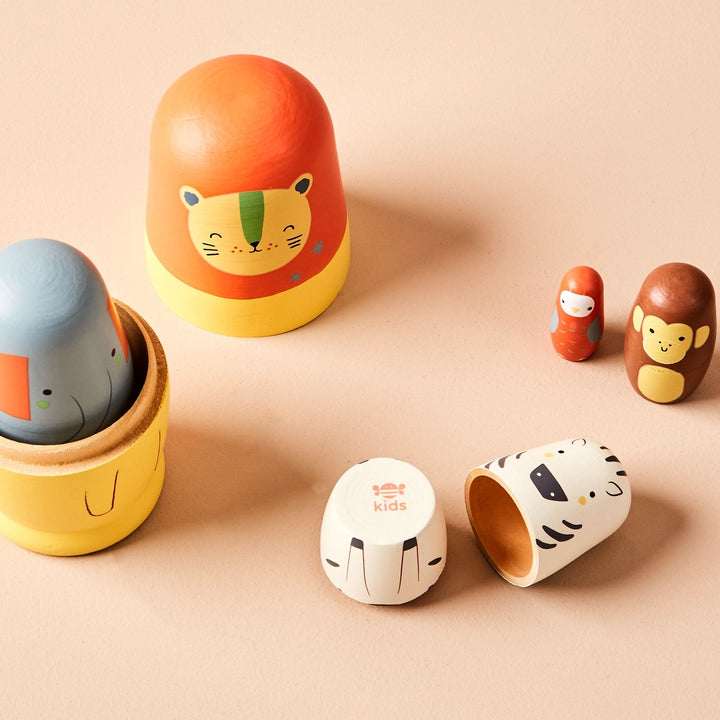 Just Bee Kids - Wooden Nesting Dolls -  Safari Animal