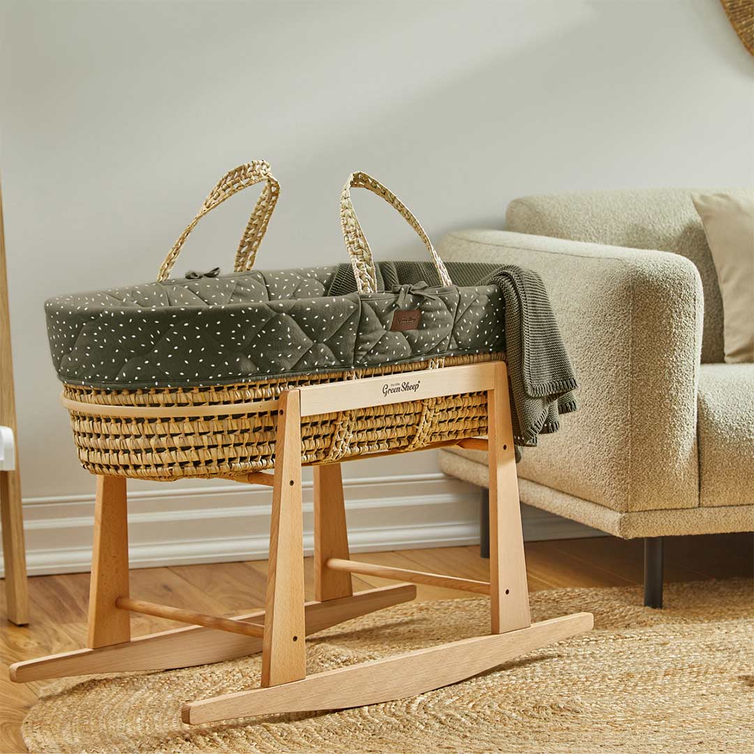 The Little Green Sheep - Moses Basket, Mattress & Rocking Stand - Quilted Juniper Rice