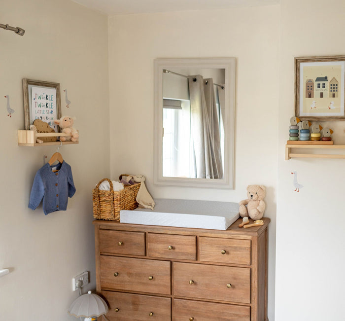 Nursery set up featuring a Mabel & Fox cornflower blue spotty wedge mat