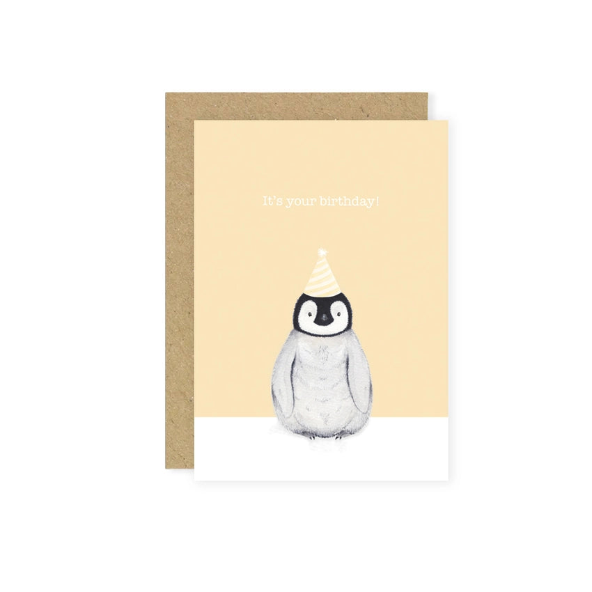 Little Roglet's designs feature beautiful hand painted animals printed onto cards, gifts and nursery decor. The image feature the penguin birthday card.