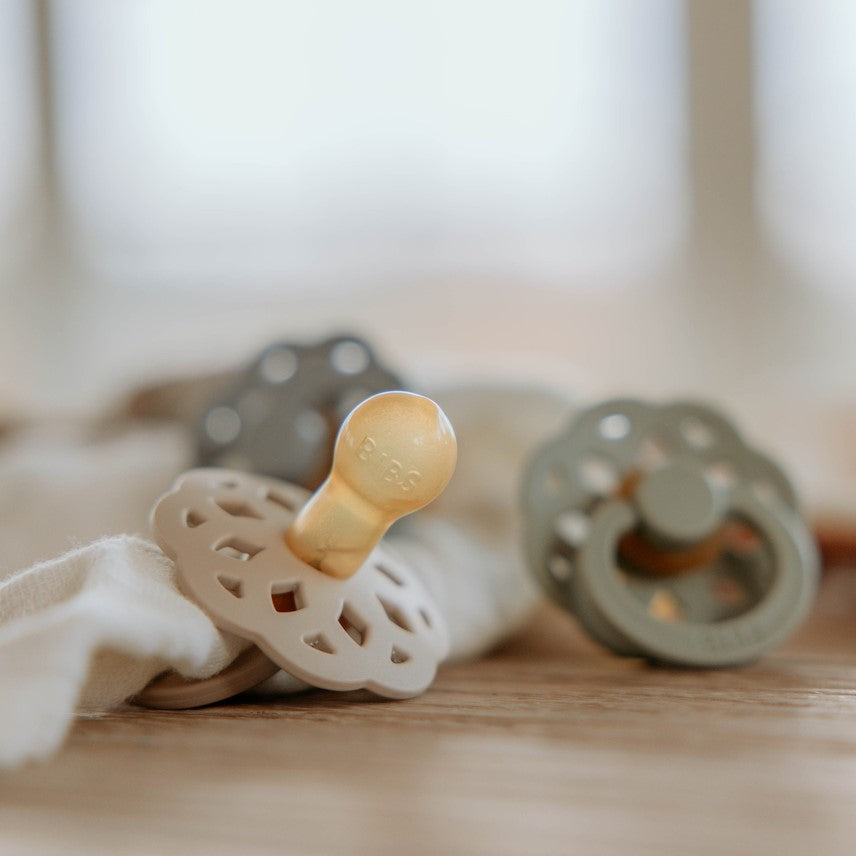 Bibs is a Danish brand producing high quality, functional and aesthetically pleasing pacifiers. Image features the Bibs pacifier in Boheme.