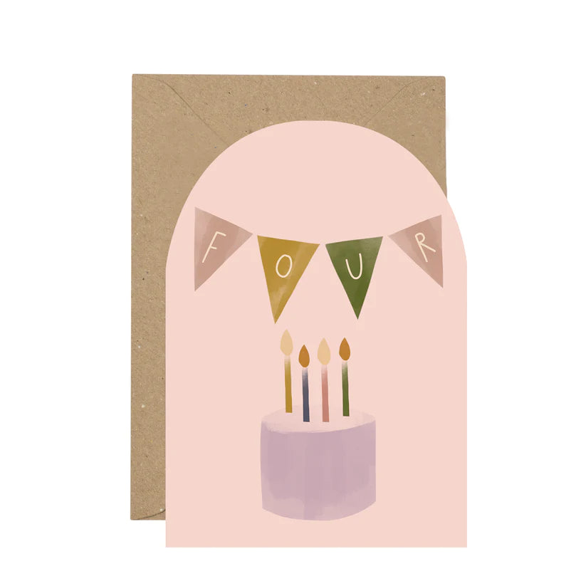Plewsy create high quality cards and gifts that put smiles on faces, perfect to celebrate a little ones birthday. Image features the Plewsy fourth birthday bunting card.