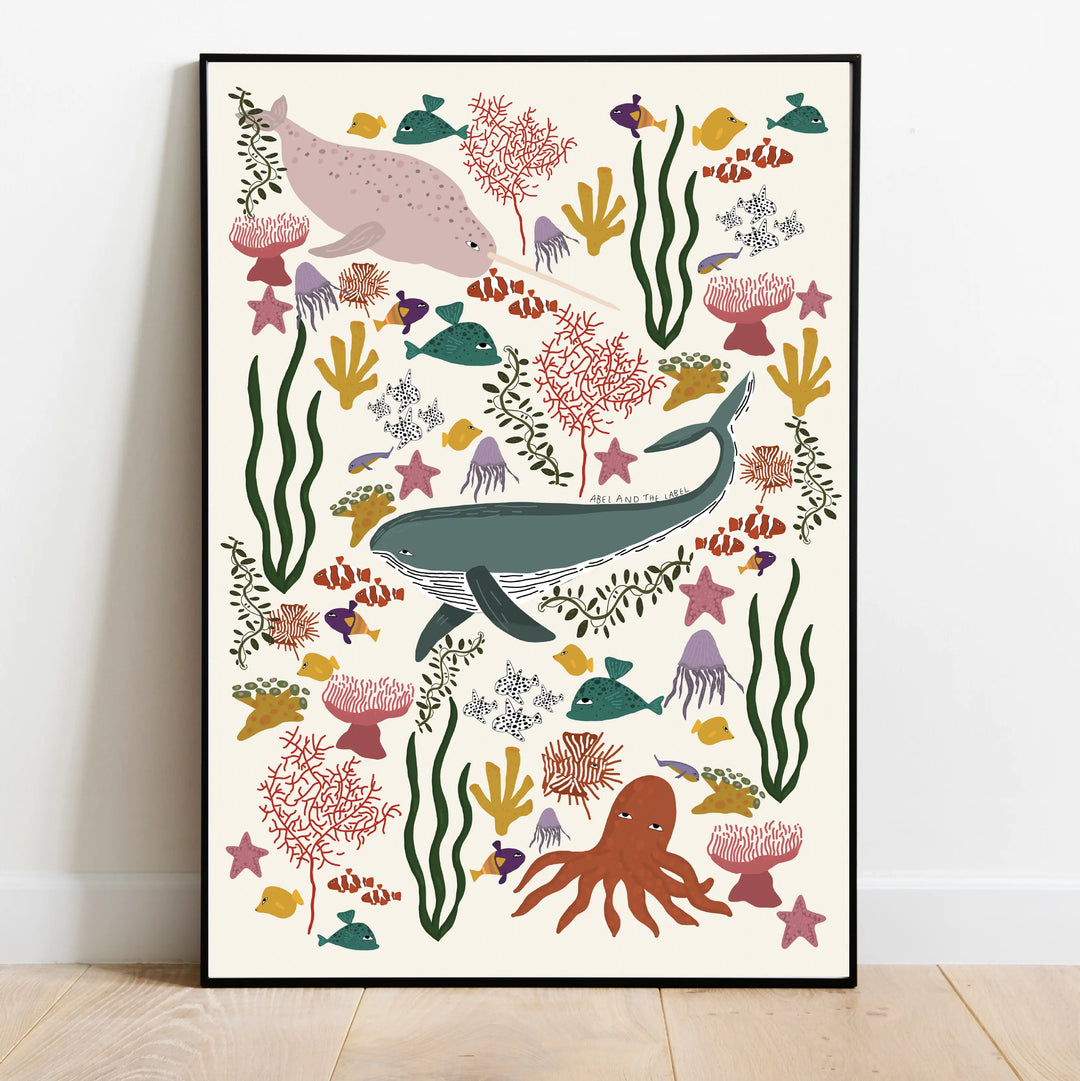 Abel and the Label create stunning handmade prints that celebrate being you. The image features their signature under the sea print which also features on the best selling Mabel & Fox wedge mat.