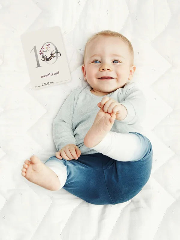 Milestone creates products to ensure those special moments don't become distant memories. The image features a young child with one of the ABC baby cards.