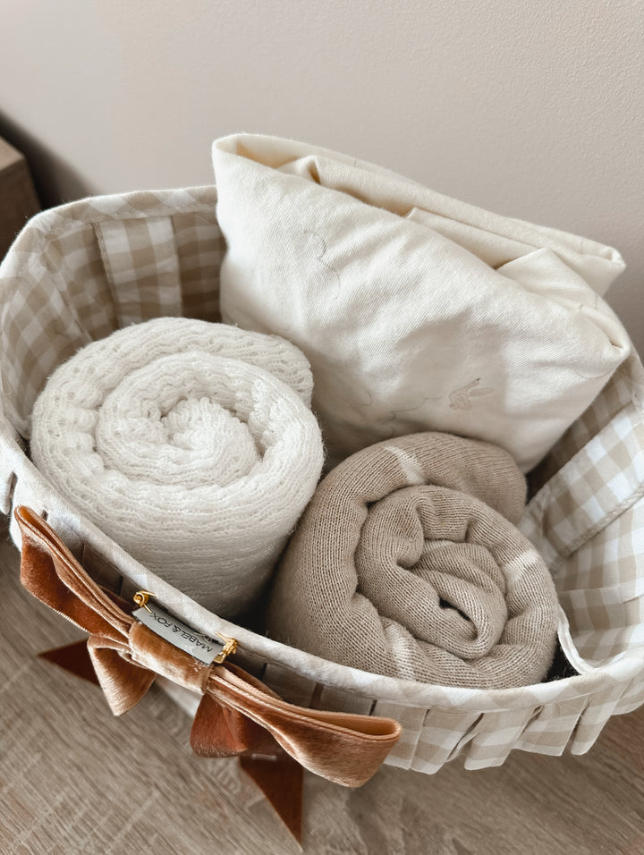 Mabel & Fox - Personalised Beige Gingham Ruffle Basket - Velvet Bow