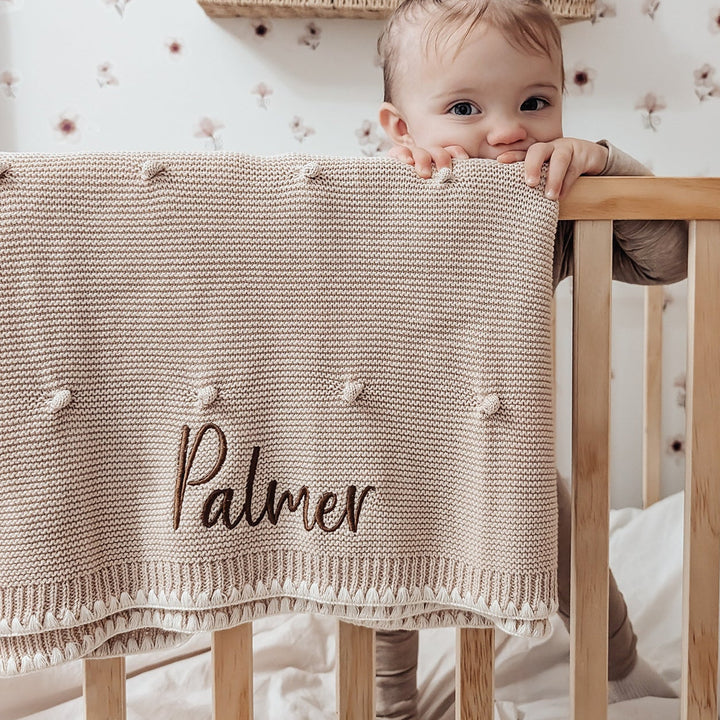 Mabel & Fox - Personalised Knitted Baby Blanket - Natural Bobble