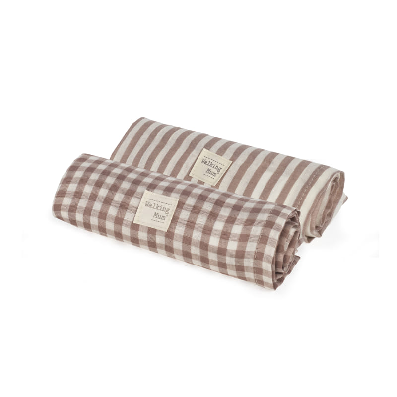 Walking Mum – Muslin Squares – Praliné Vichy Strips Moka (2 Pack) - Mabel & Fox