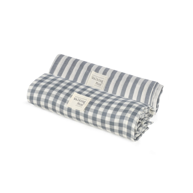 Walking Mum – Muslin Squares – Praliné Vichy Strips Matcha (2 Pack) - Mabel & Fox