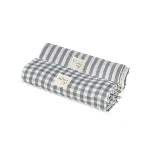Walking Mum – Muslin Squares – Praliné Vichy Strips Matcha (2 Pack) - Mabel & Fox