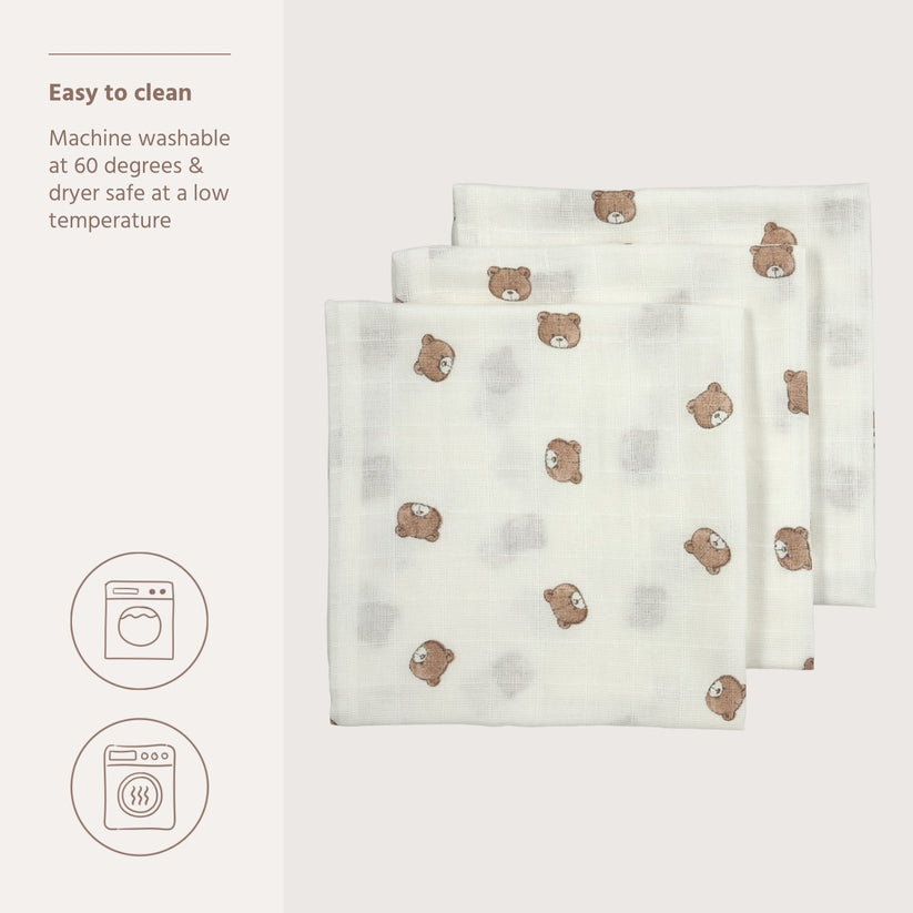 Meyco – Muslin Cloths 70x70cm (3 Pack) – Bear Multicolor