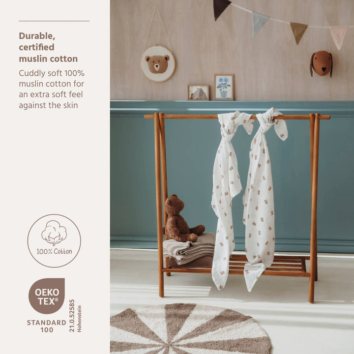 Meyco – Muslin Cloths 120x120cm (2 Pack) – Bear Multicolor