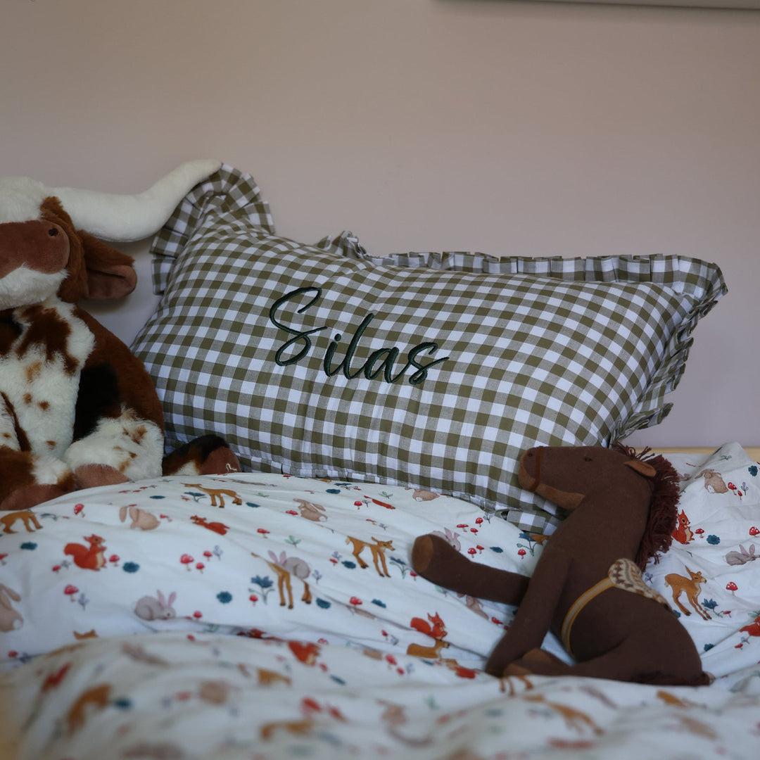 Mabel & Fox - Personalised Gingham Ruffle Cushion Cover - Olive Green