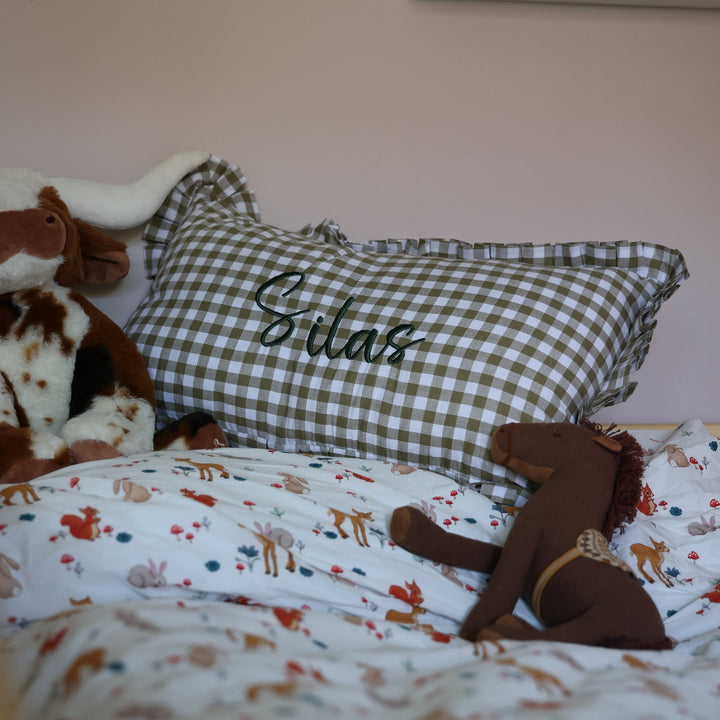 Mabel & Fox - Personalised Gingham Ruffle Cushion Cover - Olive Green