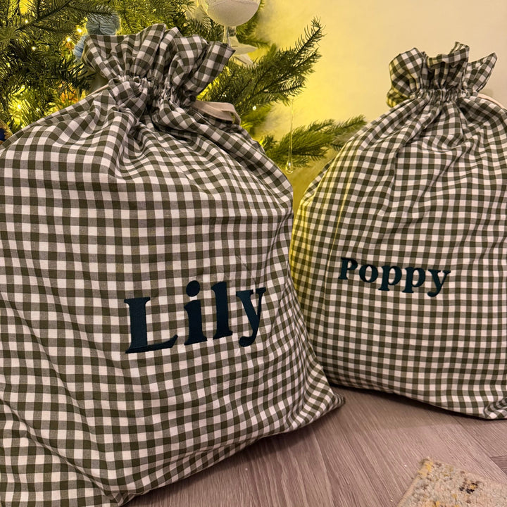 Mabel & Fox - Personalised Green Gingham Gift Sack - Embroidered