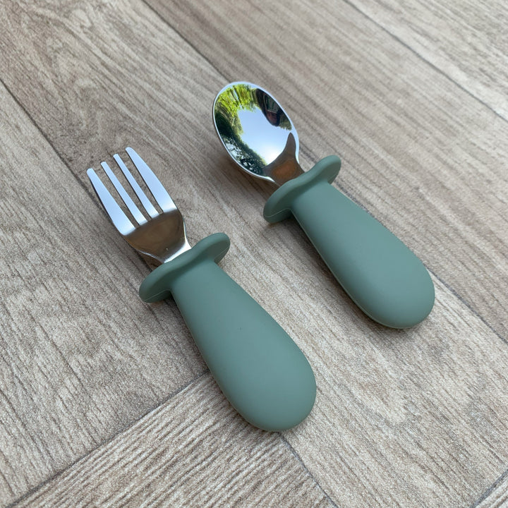 Mabel & Fox - Silicone Tableware - Toddler Metal Cutlery Set - Sage