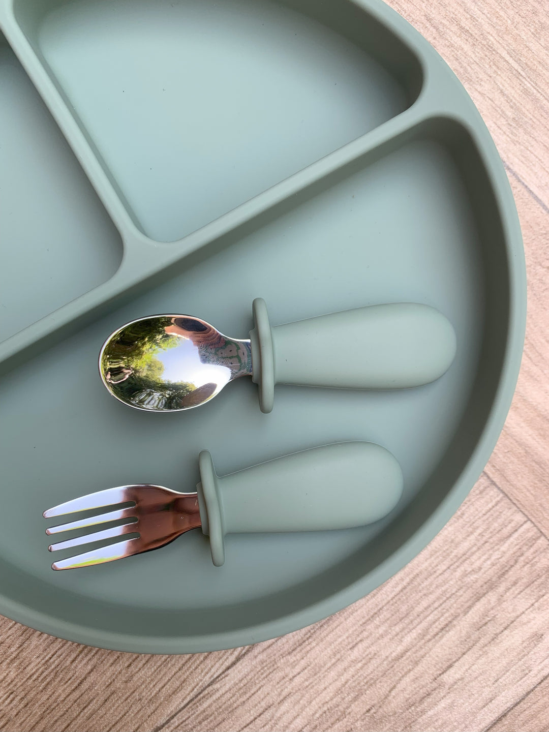 Mabel & Fox - Silicone Tableware - Toddler Metal Cutlery Set - Sage