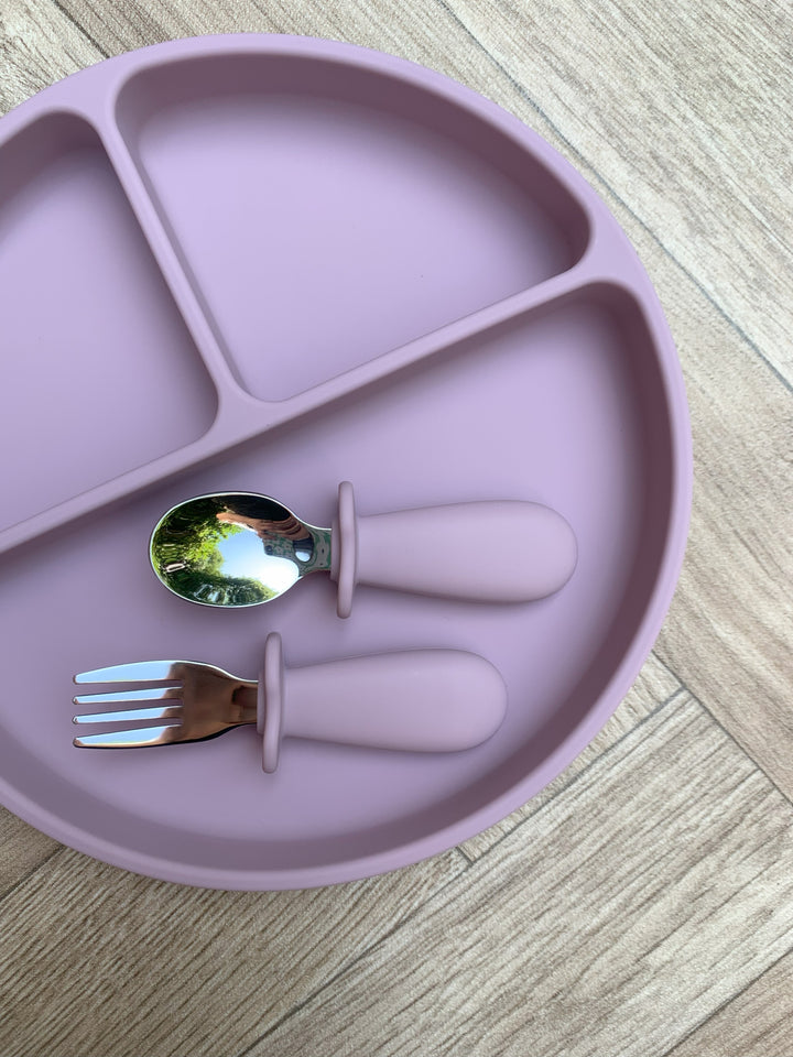 Mabel & Fox - Silicone Tableware - Toddler Metal Cutlery Set - Mauve
