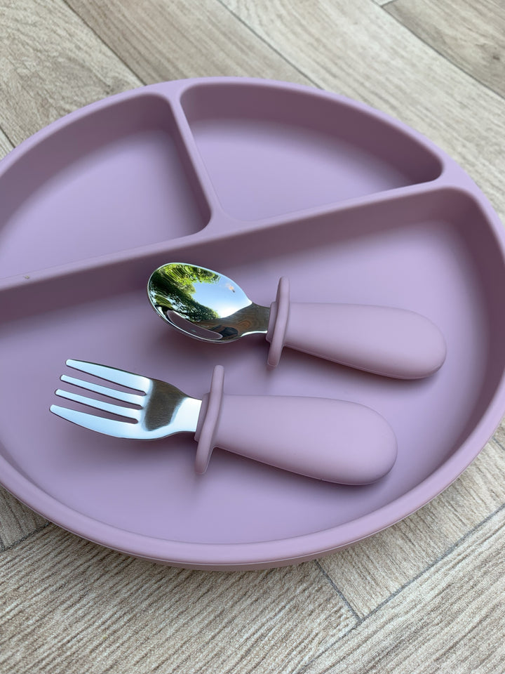 Mabel & Fox - Silicone Tableware - Toddler Metal Cutlery Set - Mauve