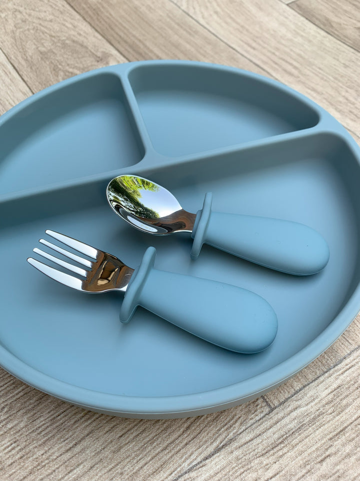Mabel & Fox - Silicone Tableware - Toddler Metal Cutlery Set - Ether Blue