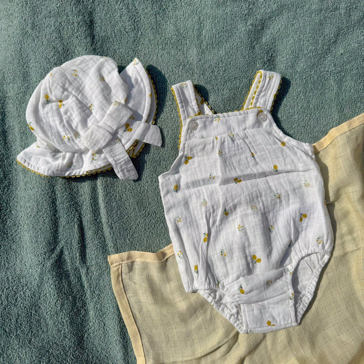 Mabel & Fox - Muslin Fabric Romper and Hat - Lemons