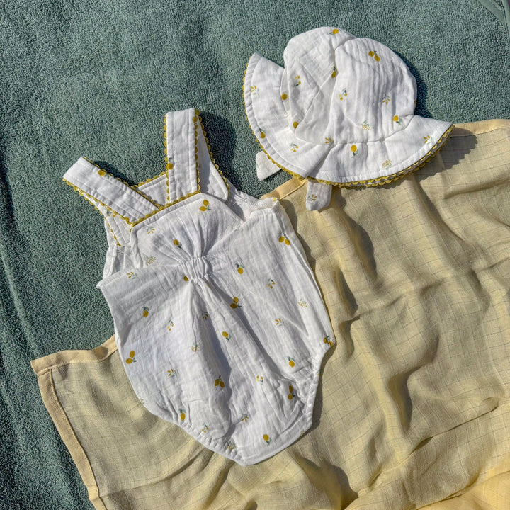 Mabel & Fox - Muslin Fabric Romper and Hat - Lemons