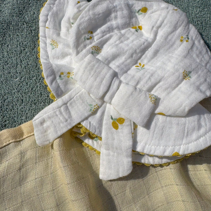 Mabel & Fox - Muslin Fabric Romper and Hat - Lemons