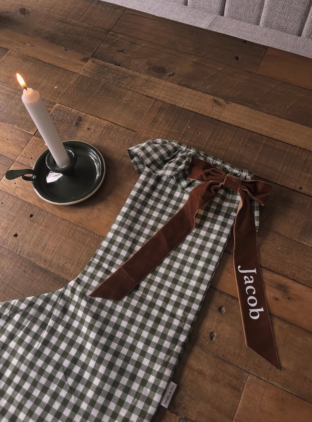 Mabel & Fox - Personalised Green Gingham Stocking - Velvet Bow