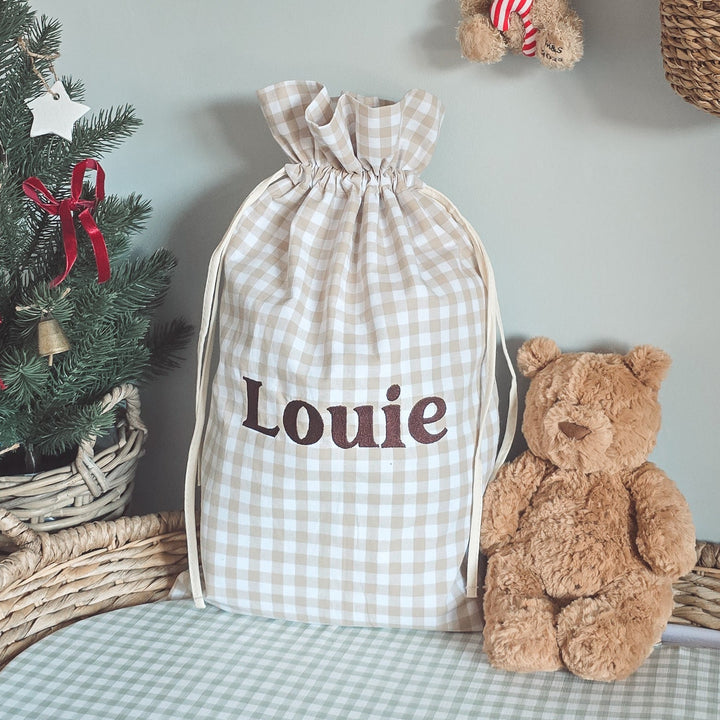 Mabel & Fox - Personalised Beige Gingham Mini Gift Sack - Embroidered