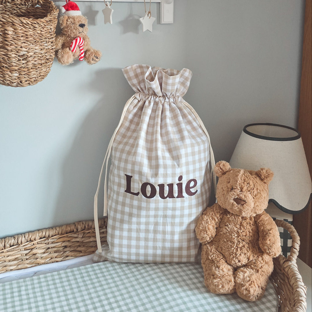 Mabel & Fox - Personalised Beige Gingham Mini Gift Sack - Embroidered
