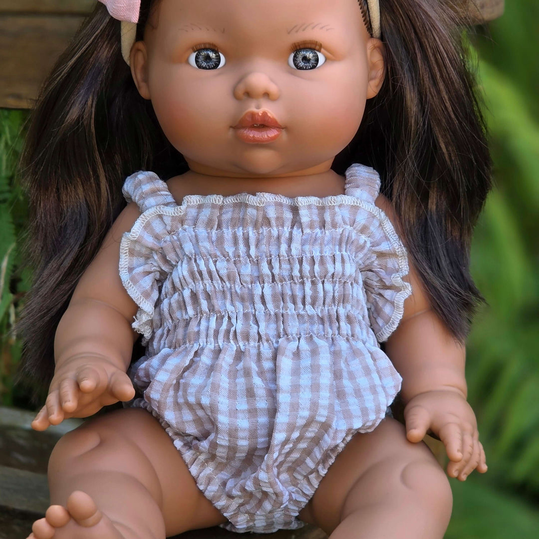 Mini Colettos - Ellory Designs Doll Romper - Agnes Smock Beige Gingham