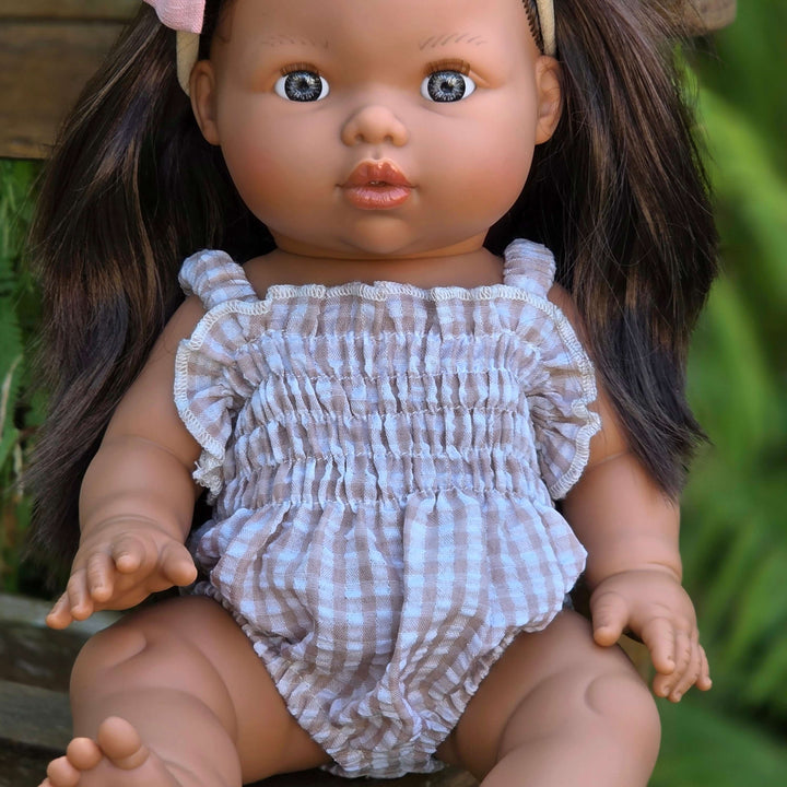 Mini Colettos - Ellory Designs Doll Romper - Agnes Smock Beige Gingham