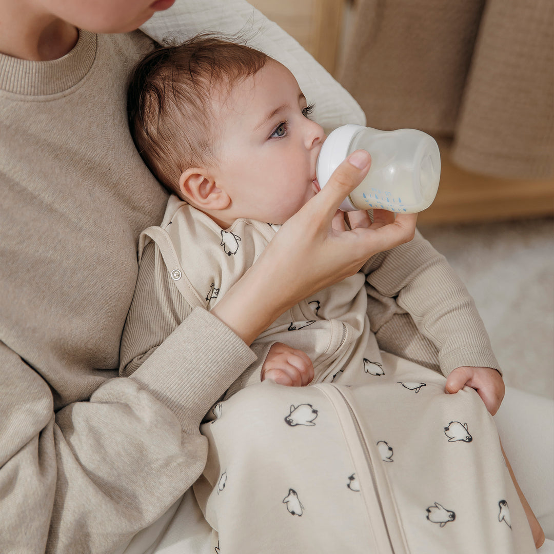 Meyco - Cocoon Sleeping Bag - Soft Sand Penguin (70cm) - Mabel & Fox