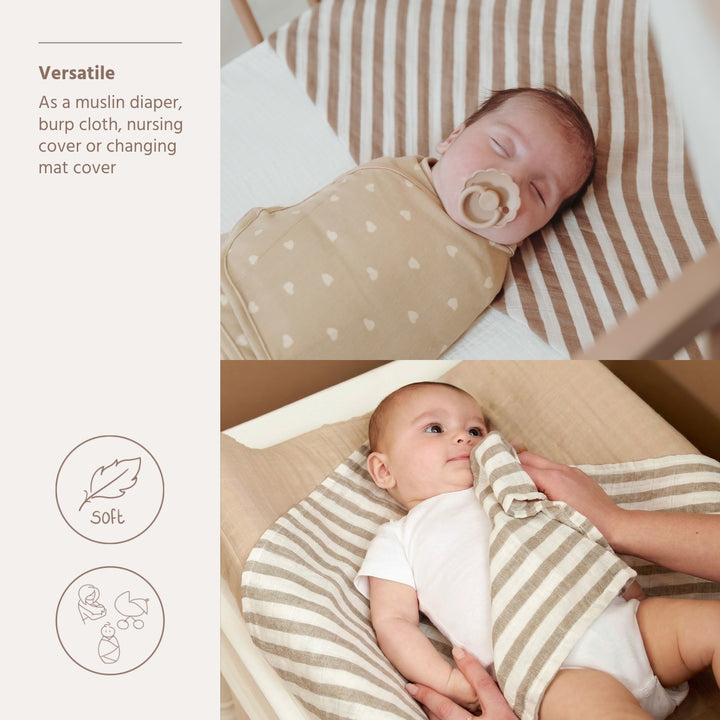 Meyco - Muslin Cloths - Taupe Stripe (2 Pack) 70x70cm