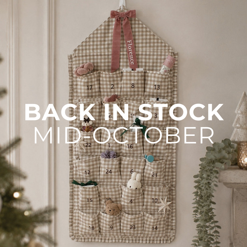 Mabel & Fox - Personalised Beige Gingham Ruffle Advent Calendar - Velvet Bow