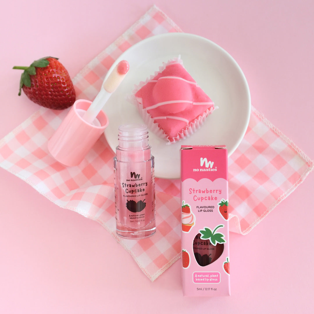 No Nasties – Kids Natural Lip Gloss – Strawberry Cupcake Shimmery Pink - Mabel & Fox