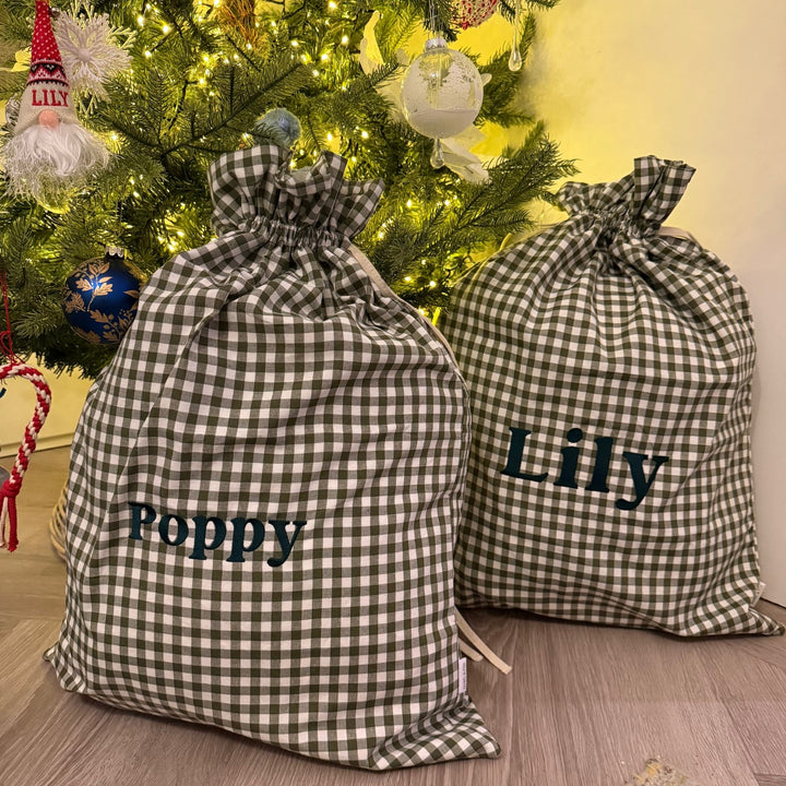 Mabel & Fox - Personalised Green Gingham Gift Sack - Embroidered