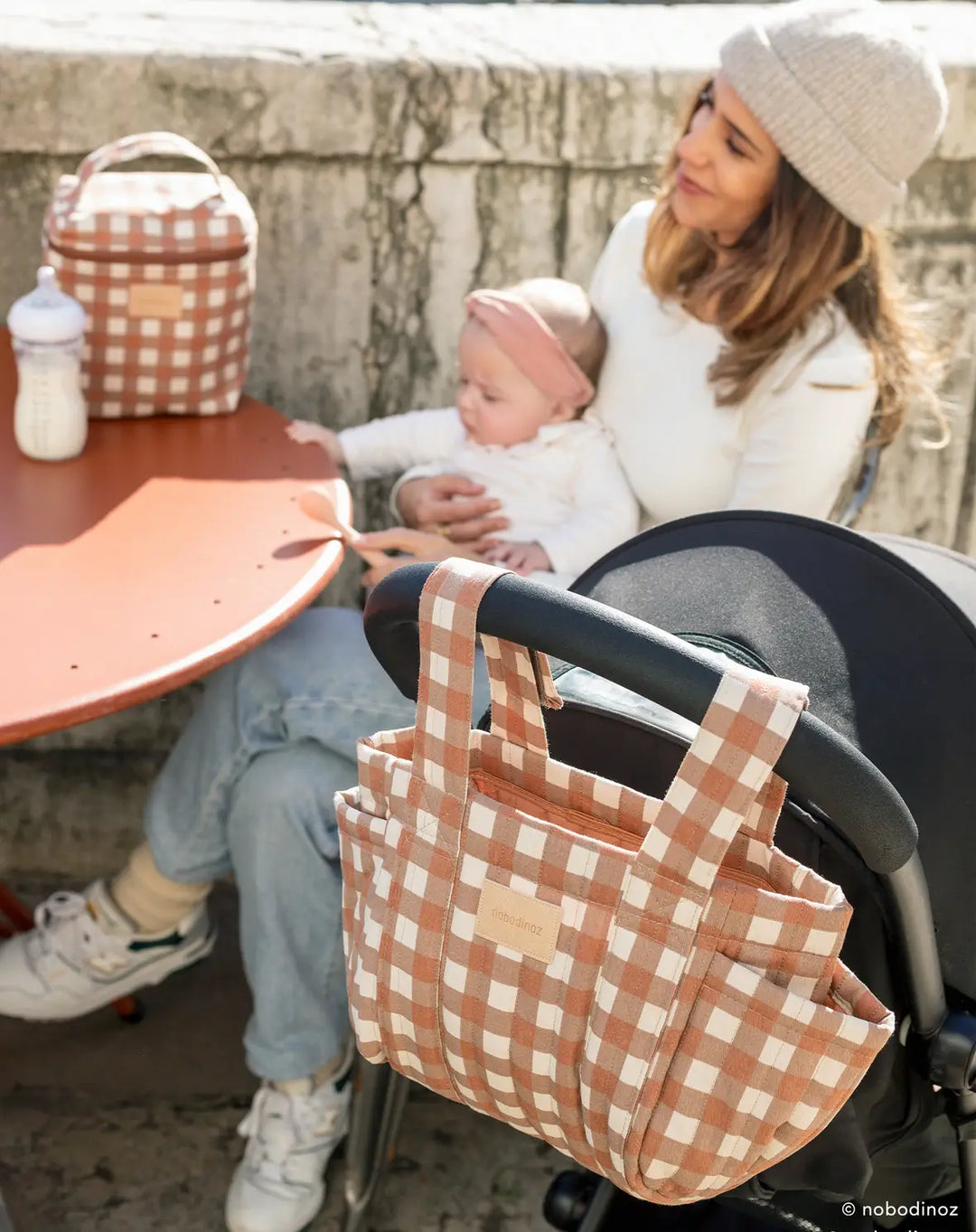 Nobodinoz-Hyde Park Insulated Baby Bottle And Lunch Bag- Terracotta Checks