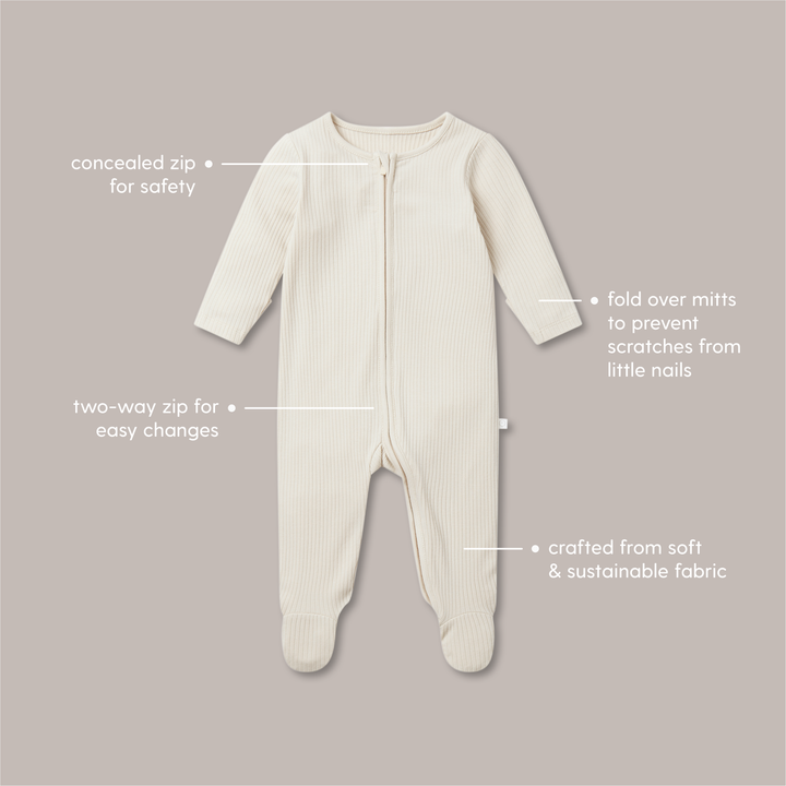 Baby Mori -Ribbed Clever Zip Sleepsuit - Ecru