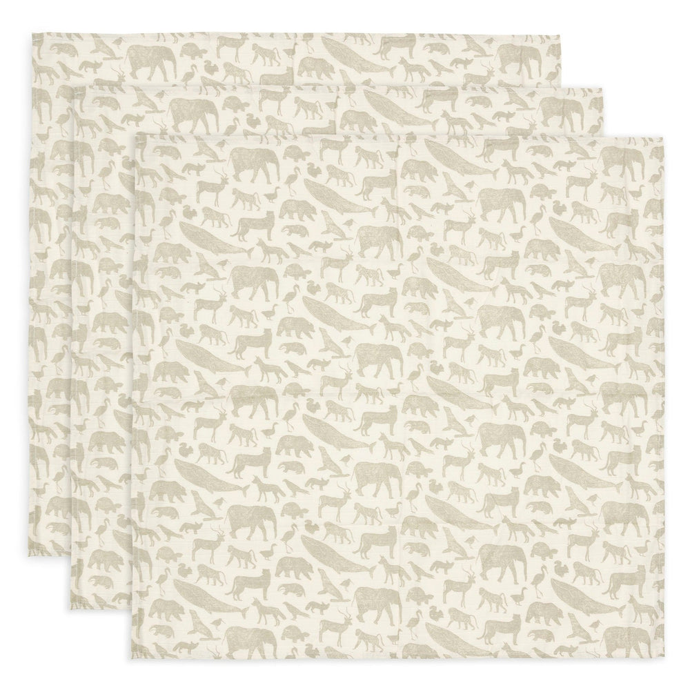 Jollein - Muslin Cloth - 70 x 70cm - Animals Olive Green (3 Pack) - Mabel & Fox