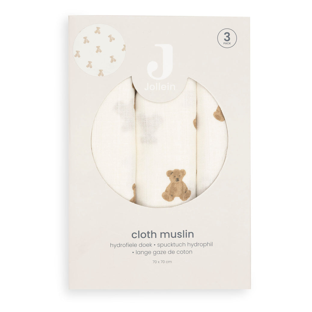 Jollein - Cloth Muslin 70x70cm - Mini Teddy Bear (3 Pack)