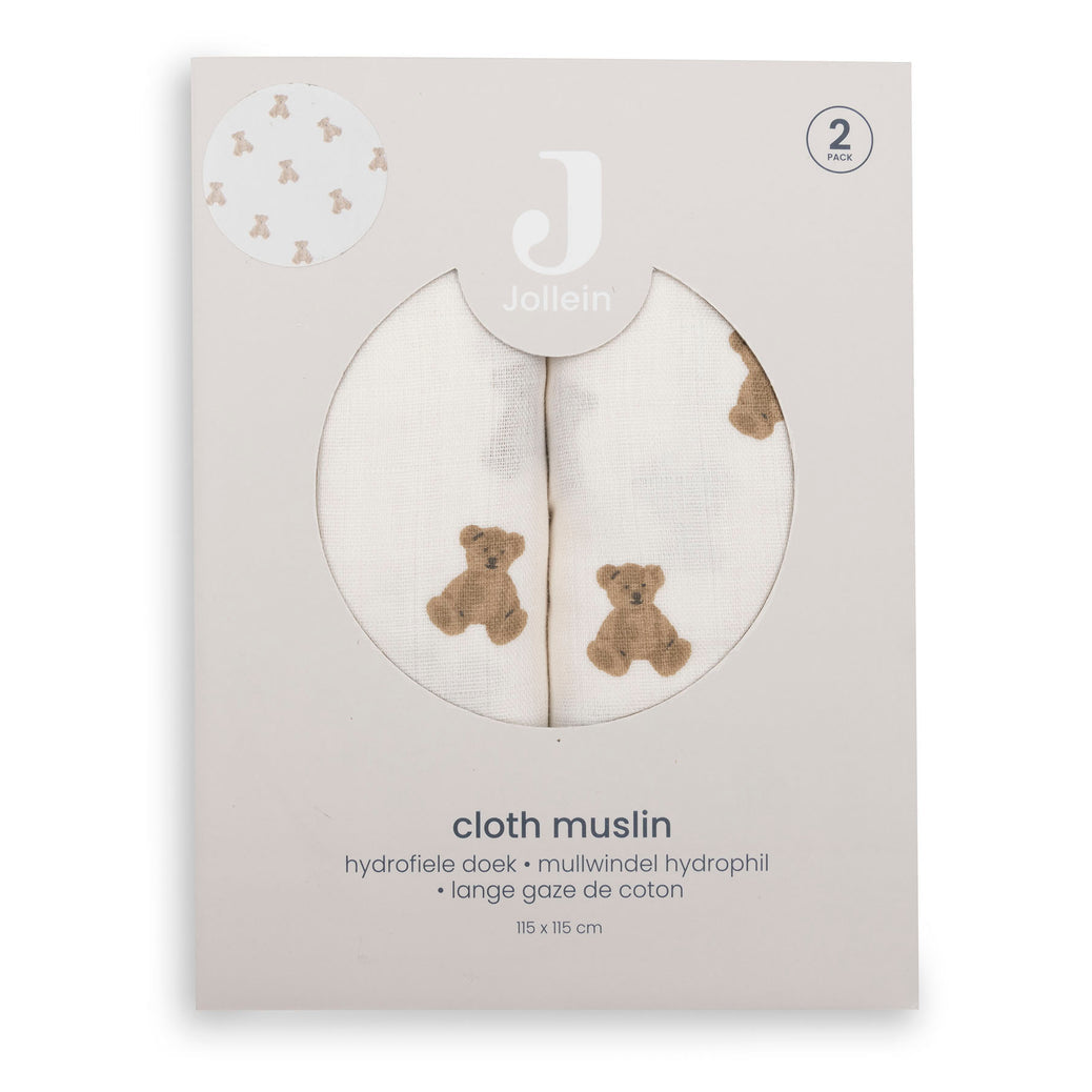 Jollein - Cloth Muslin 115x115cm - Mini Teddy Bear (2 Pack)